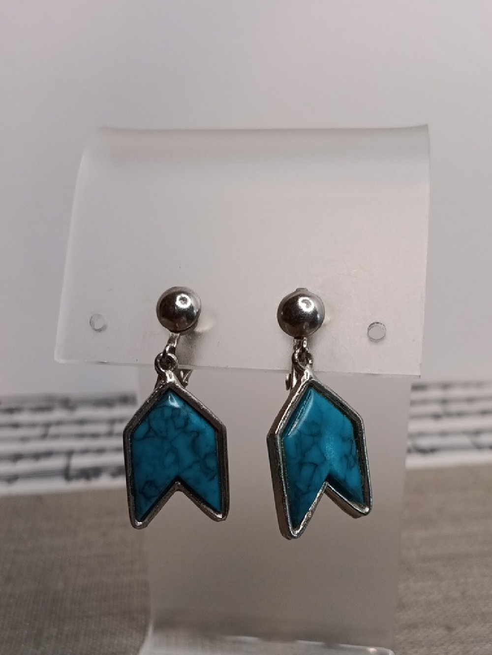 Faux Turquoise Silver Tone Dangle Clip Earrings Vintage